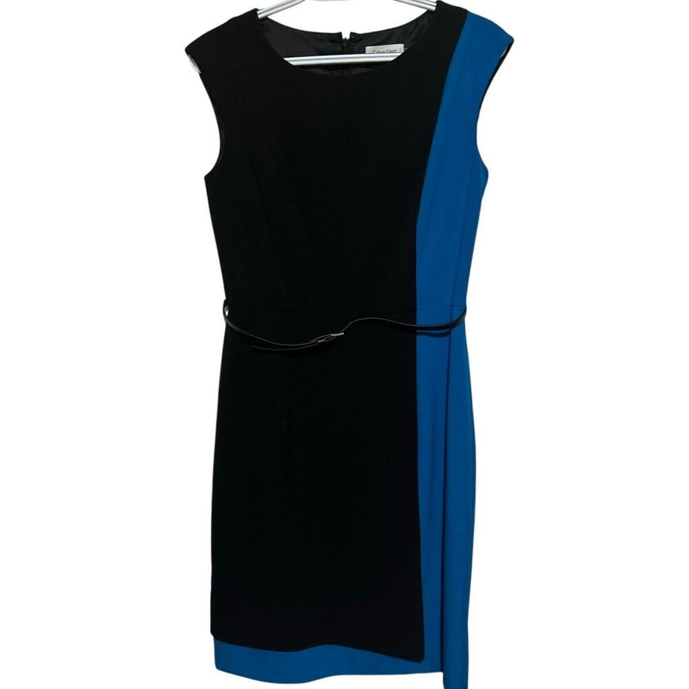Calvin Klein Women's Black Light Blue Sleeveless Sheath Dress with Belt Size 4‎